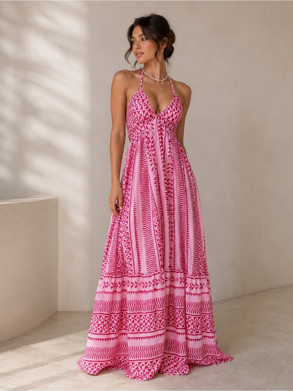 66- NEW Pink Boho Geometric Halter Maxi Dress Vacation Resort Style